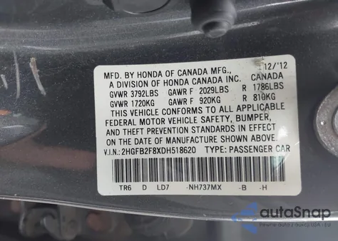 2013 Honda Civic Ex from USA, damaged, VIN 2HGFB2F8XDH518620